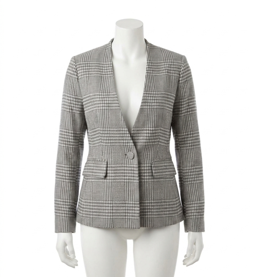 NEW ENTRO plaid print v-neck long sleeve jacket in grey